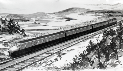 806708 Afbeelding van een ontwerp voor een diesel-electrisch treinstel T.E.E. (DE 4) van de N.S./S.B.B. met een aan het ...